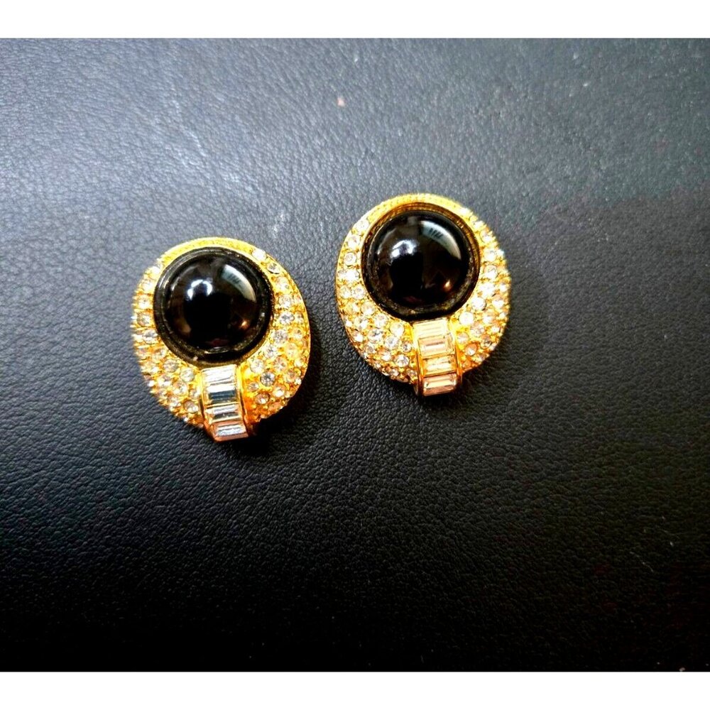 DIOR signed Rhinestone Baguette, Pave, Black Enamel Gold Plated Clip Earrings